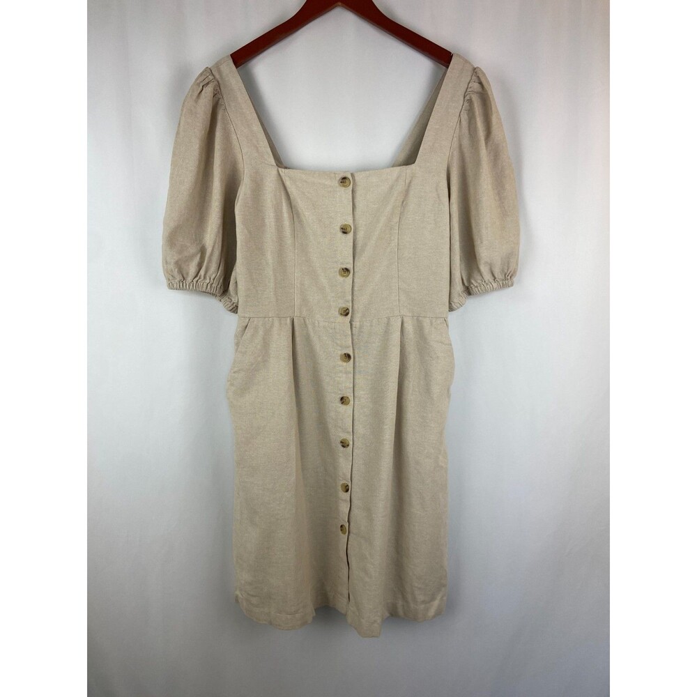 NWT Old Navy Large Tall Tan Button Up Linen Blend Puff Sleeve Midi Dress Cottage